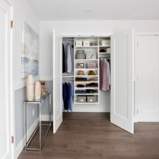 Custom reach-in closet system and organizer. Simple and budget friendly.