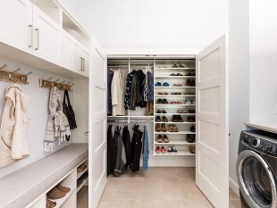 Custom reach-in closet design and system with double hang and adjustable shoe shelving