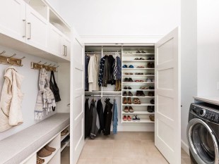 Custom reach-in closet design and system with double hang and adjustable shoe shelving