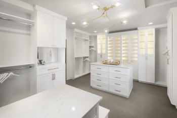 Luxury Boutique Dressing Room Walk-in Closet with Glass Displays. Large Walk-in Closet