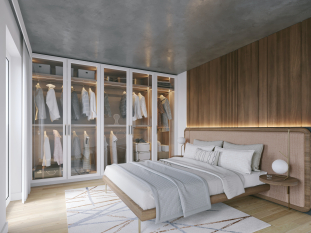 White shaker glass doors full glass external built-in custom closet wardrobe.