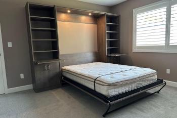 Full Size murphy bed with hudson wood grain finish. Side cabinets with a roll out shelf for table top. Lower cabinet doors. LED Lights and Lighting Options