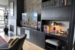 Custom Entertainment media center for tv console, media storage, filing cabinets and more storage. Sitting desk area.