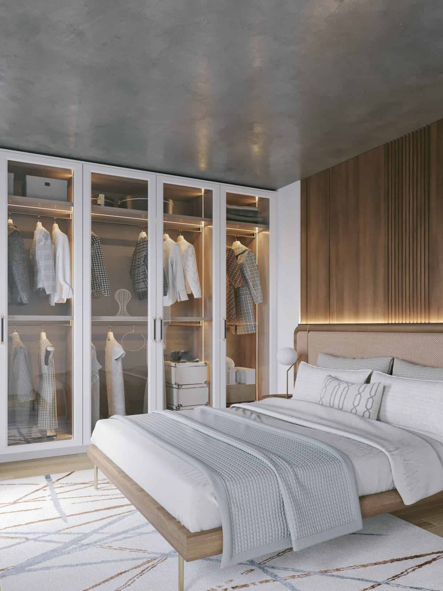 White shaker glass doors full glass external built-in custom closet wardrobe.