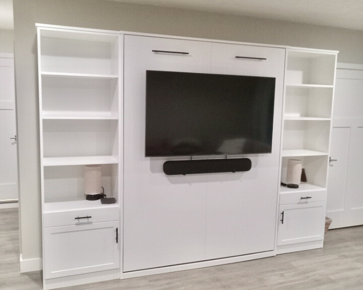 Queen Murphy bed white with TV. Made of out of plycore for lighter weight to hold TV.
