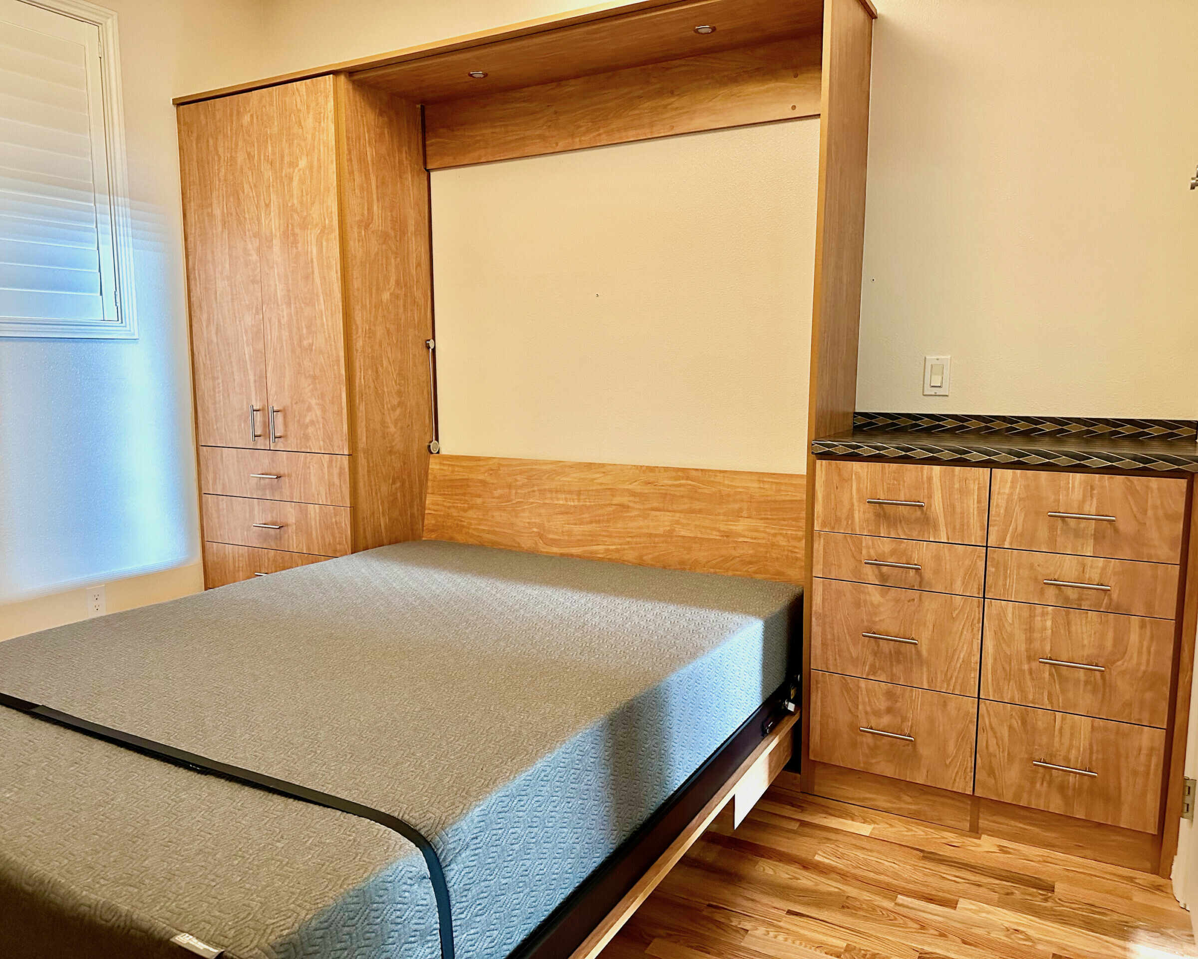queen size murphy bed with built-in desk wood grain finish
