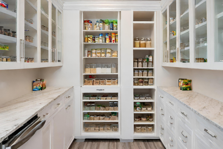 Custom Pantry with Glass and Pull Out Drawers