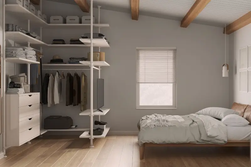 Modern minimalist bedroom in white tones with custom storage