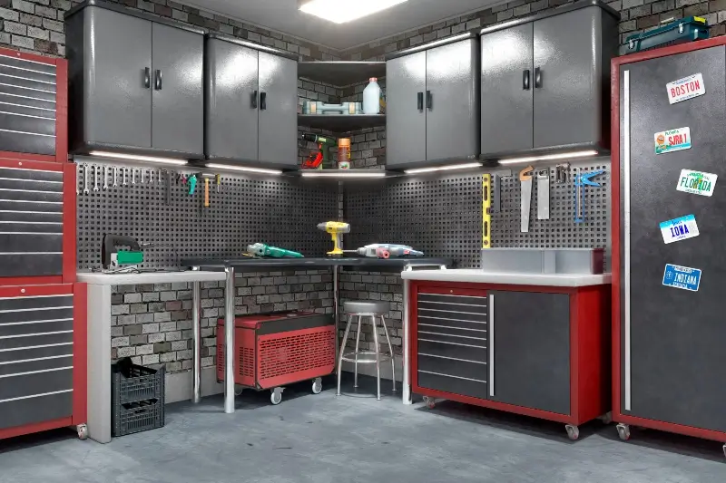 Garage interior of custom storage, array of tools