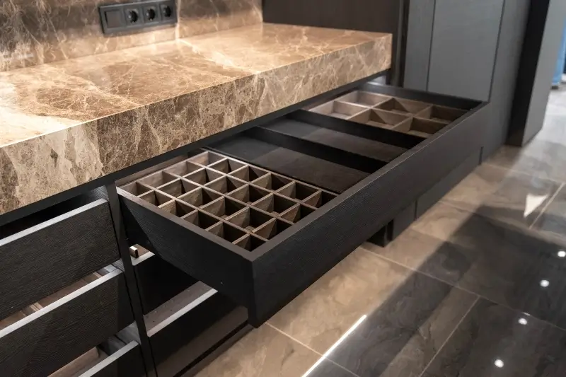 Pulled-out wooden drawer with organized compartments, in custom-designed kitchen