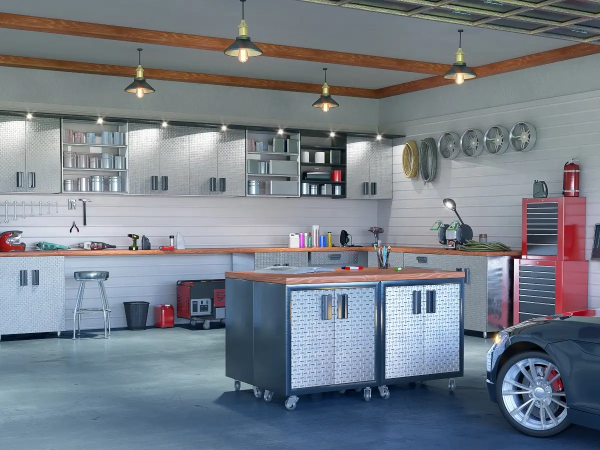 Wide-shot view of a modern garage interior, with organized garage storage
