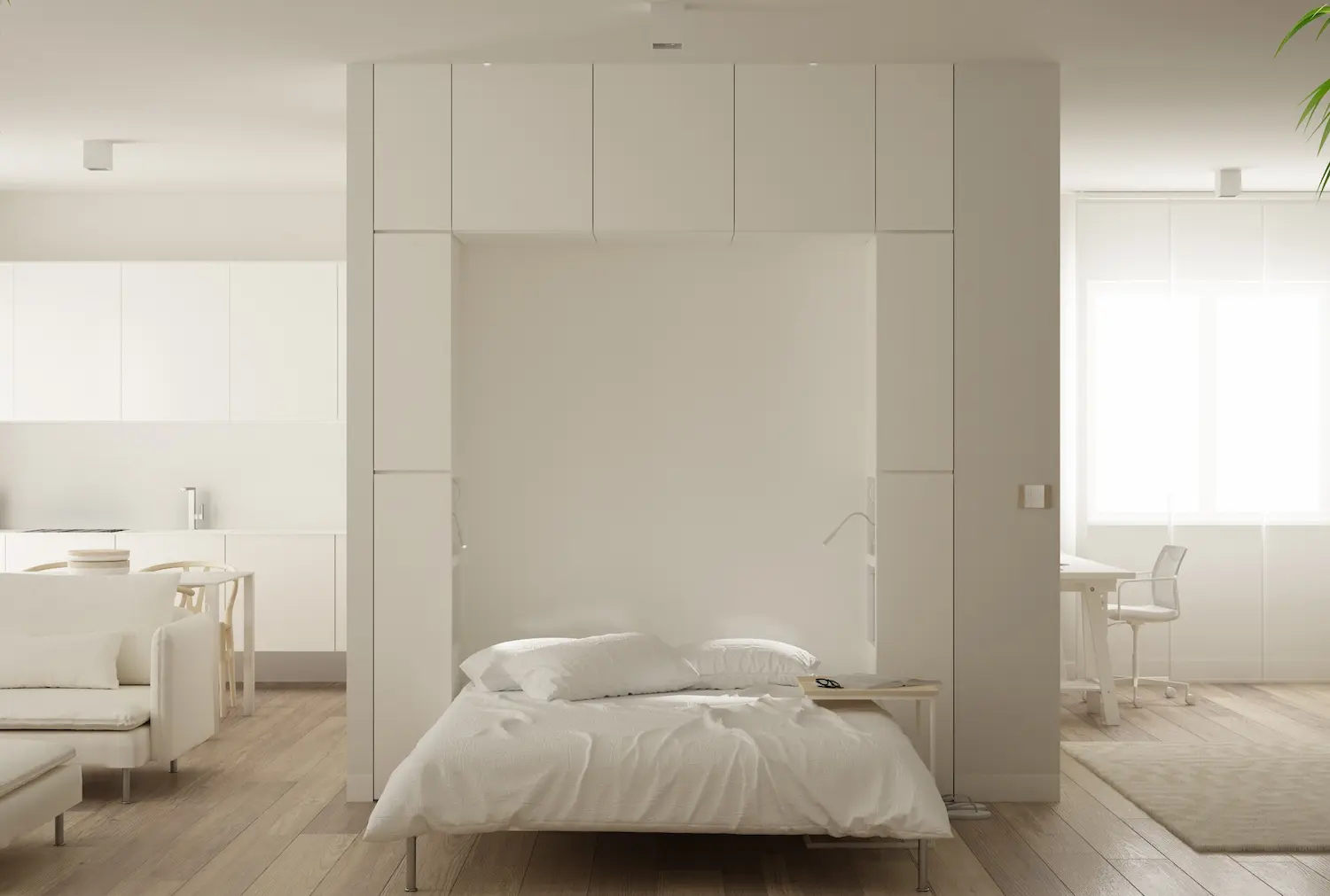 White Murphy wall bed in a Zen Portland OR apartment