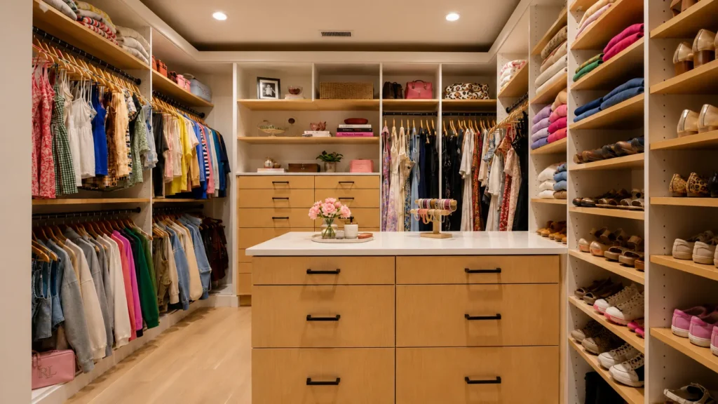 Luxury custom walk-in closet with shelving and hanging space