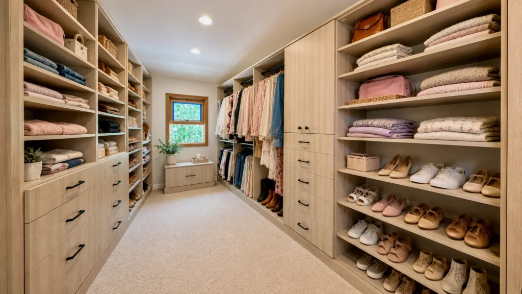Custom narrow walk-in closet with shelving and hanging space