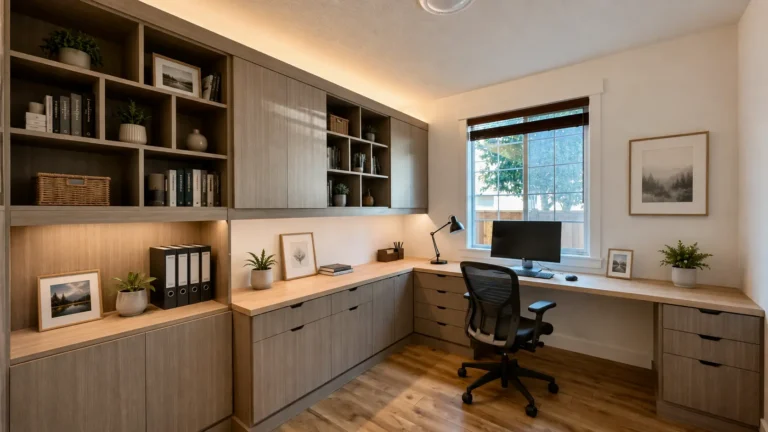 Custom home office built-in desk and cabinetry
