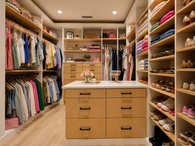 Custom walk-in closet with a center storage island