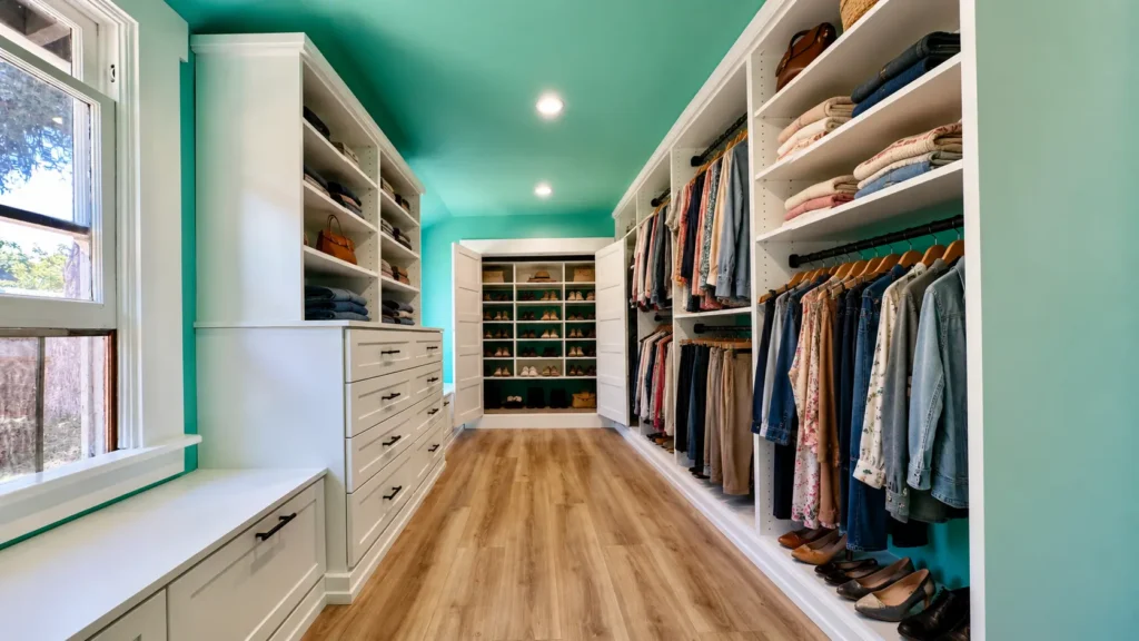 Custom walk-in closet with shelving and hanging space