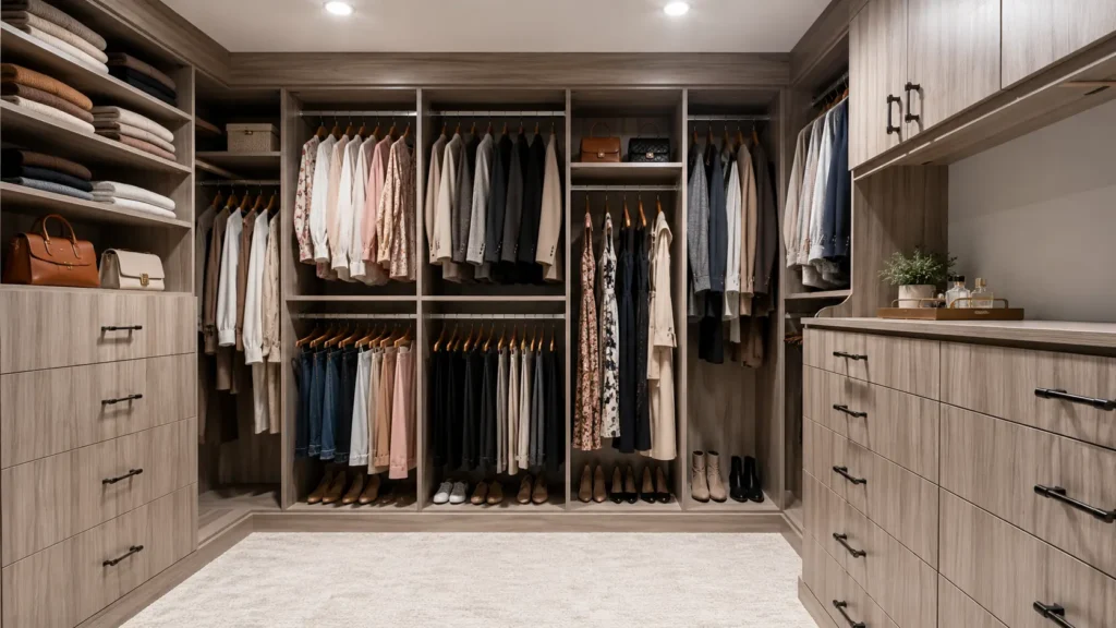 Custom walk-in closet with shelving and hanging space