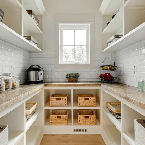 Narrow walk-in pantry with white subway tile walls, wood countertops, built-in open shelving, and woven storage baskets.