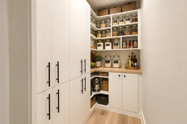 Sleek Modern Pantry with Butcher Block Countertops