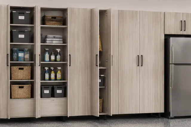 Tall light-woodgrain garage storage cabinets with open doors showing organized shelves, baskets, and cleaning supplies next to a mini fridge.