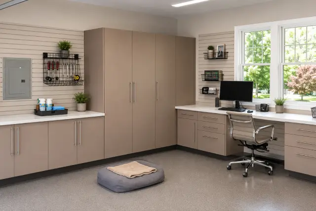 Warm beige custom garage office desk and storage cabinets designed by Portland Closet Company.