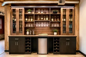 A custom dark wood home bar and beverage center designed by Portland Closet Company featuring glass cabinetry and built-in wine storage.