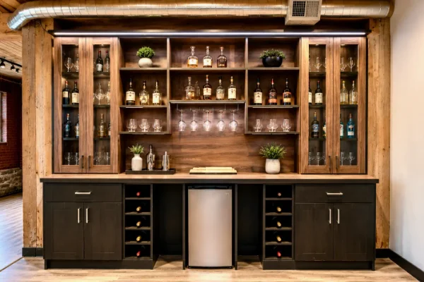 A custom dark wood home bar and beverage center designed by Portland Closet Company featuring glass cabinetry and built-in wine storage.