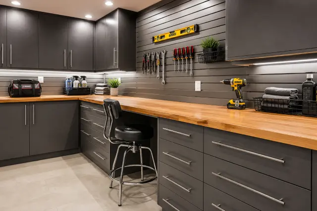 Custom garage workshop featuring charcoal drawers, wood countertop, and slatwall tool organization by Portland Closet Company.