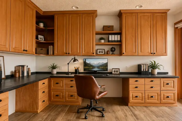 Home office with custom wood panels