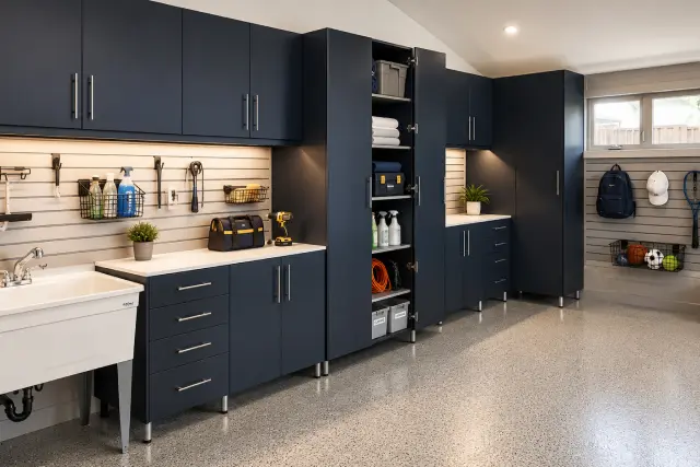 Navy blue custom garage cabinets with utility sink and slatwall storage system installed in Portland, Oregon.